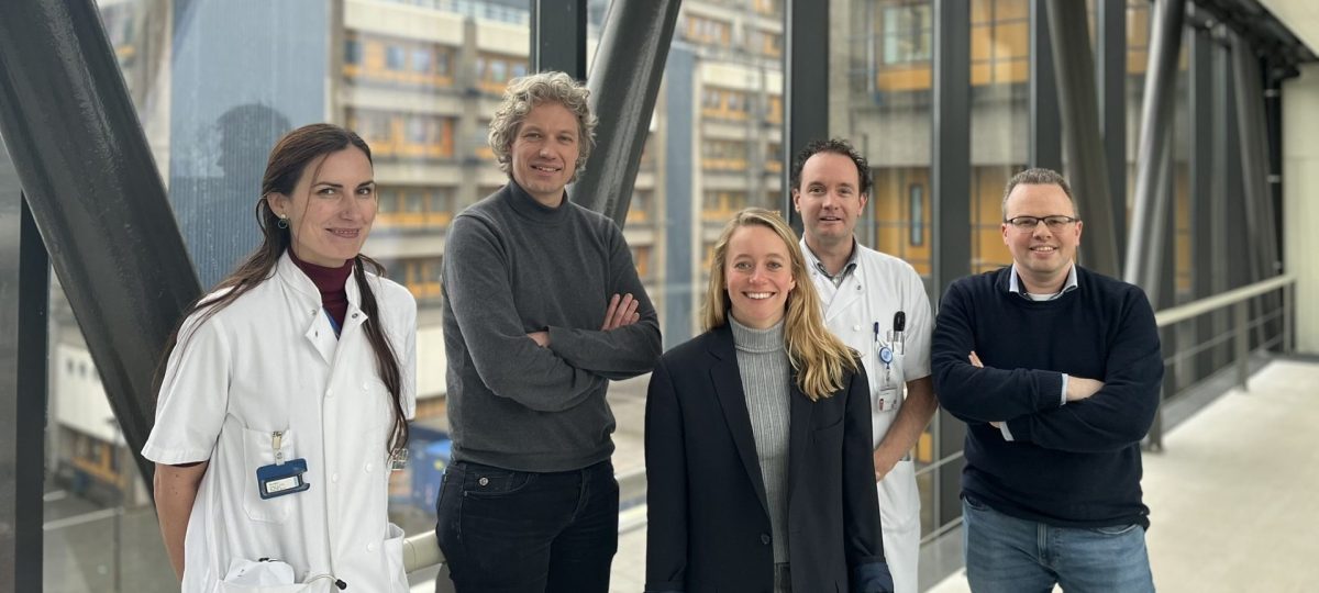 LUMC BRAIN-CART projectteam, vlnr Linda Heijmen (Nucleair Geneeskundige), Joost Vermaat (Hematoloog), Fleur de Groot (arts-onderzoeker), Matthijs van der Meulen (Neurologie), Jeroen de Bresser (Neuroradioloog).